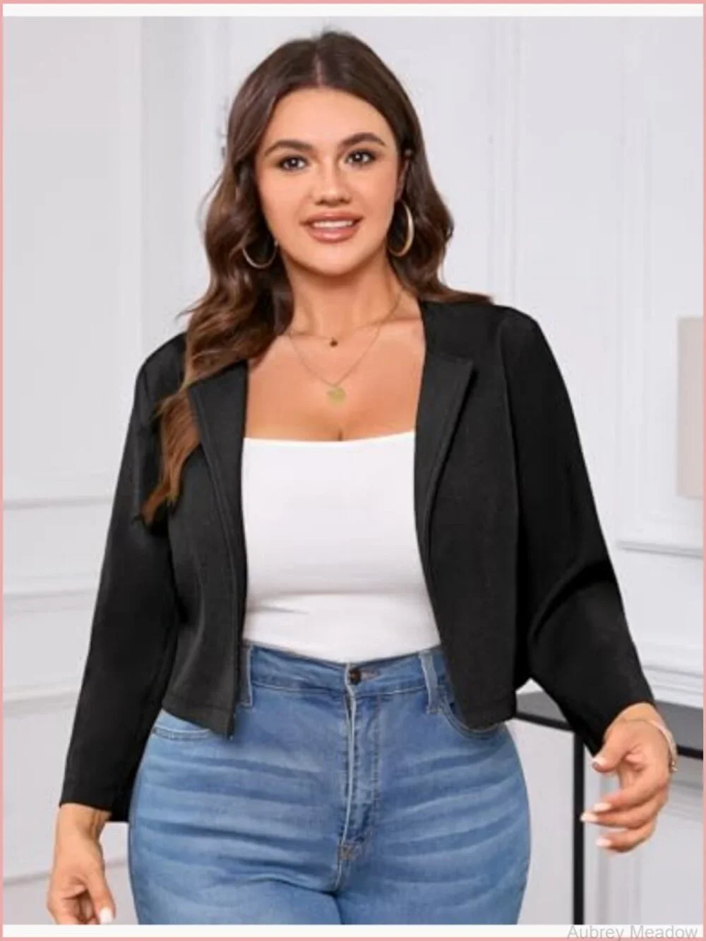 Plus Size Cropped Blazer Suit Jacket 3/4 Sleeve Open Front